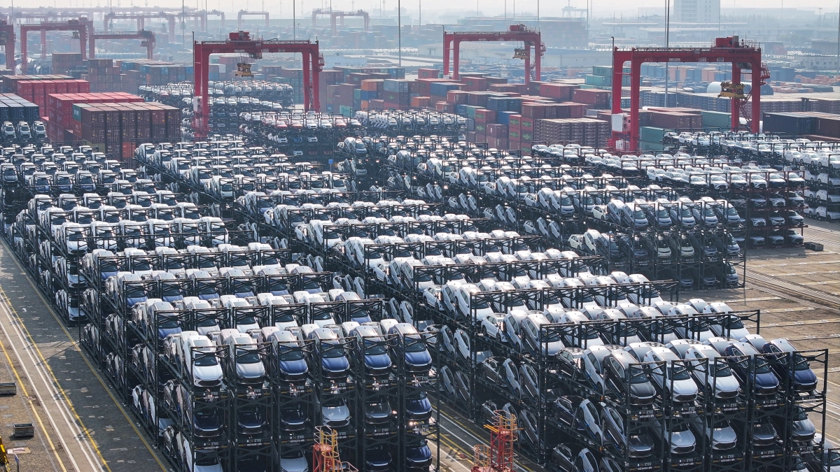 Stacked cars waiting to be loaded onto a ship