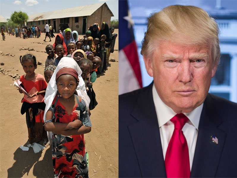 A scene from a refugee camp (left), and a portrait of Donald Trump
