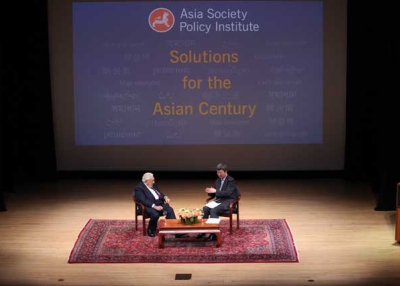 Henry Kissinger and Zhu Min on stage at the launch of the Asia Society Policy Institute in New York on April 8, 2014. (Ellen Wallop/Asia Society)