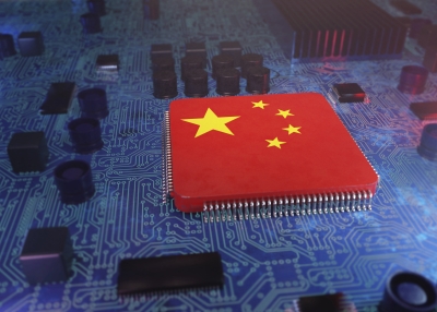 A computer chip with the Chinese flag, 3d conceptual illustration.